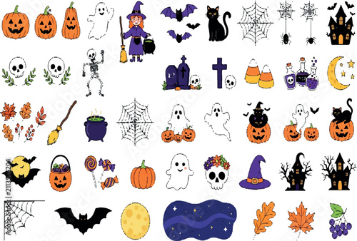Halloween Icons and Spooky Symbols Collection Isolated on Transparent Background