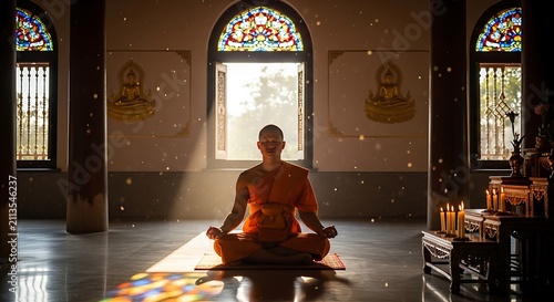 Buddhist monk in orange robes meditating inside a temple with sunlight