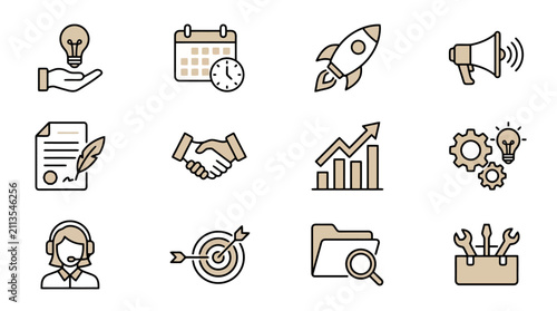 Brown and black startup innovation line icon set.