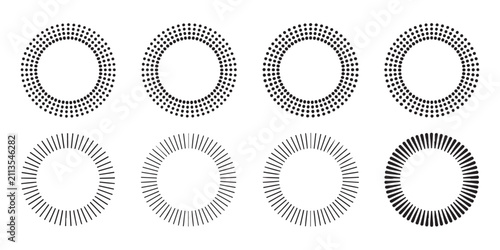 Abstract circular dotted frames and radial sunburst line border vector collection set design.