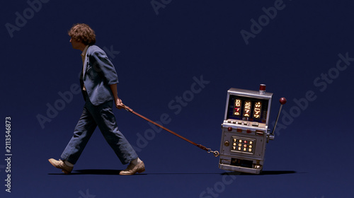 Man Pulling Slot Machine on Leash