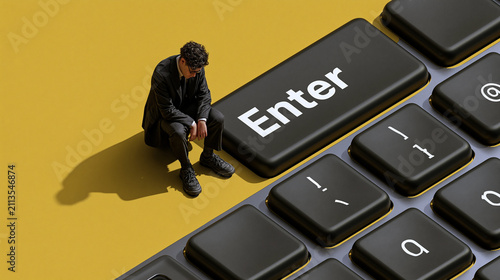 Man Contemplating Large Enter Key on Keyboard