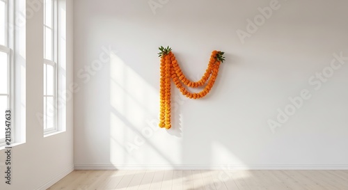 Orange Marigold Flower Garlands Hanging on a White Wall for Festival Decoration