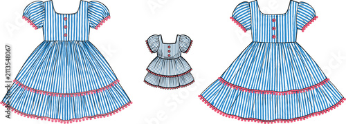 Girls blue and white striped summer dress vector flat sketch template with puff sleeves and pom pom lace trim.