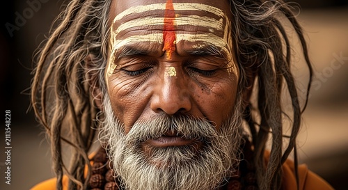 Portrait of an Indian Sadhu meditating with traditional religious markings