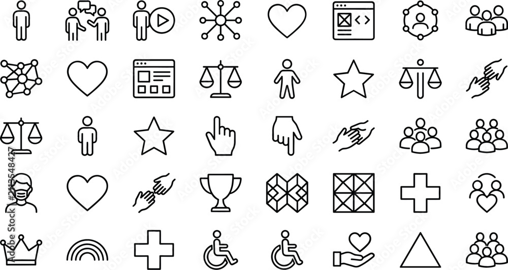 Fototapeta premium Social Welfare and Community Support Icon Set with Justice Scales, Healthcare Crosses, Inclusive Care, and Charity Symbols Vector Line Illustration