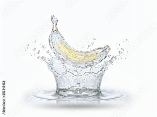 A banana shape made of splashing water isolated on white background
