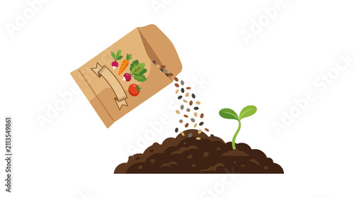 Bild auf Leinwand Planting seeds from a bag into fresh garden soil with a seedling.