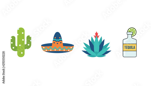 Set of four mexican culture icons featuring a green cactus, orange sombrero, agave plant, and a bottle of tequila with a lime.