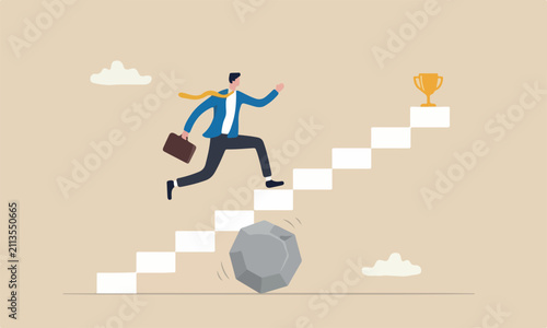 Overcome obstacle, effort or adversity for business growth, difficulty, challenge to win competition, skill or leadership concept, businessman jump over falling boulder to climb up stair of success