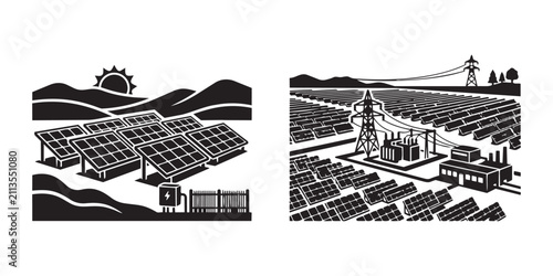 Foto Solar energy power farm illustrations showing renewable electricity panels under