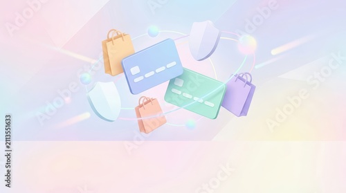 Floating credit cards and shopping bags with security shields in pastel colors
