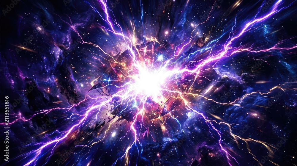 Fototapeta premium Abstract background featuring a brilliant central explosion of purple electric lightning bolts and glowing energy particles