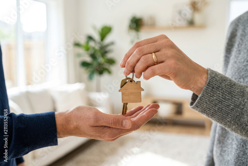 Close up of real estate agent hand handing over house keys with home shaped keychain to new property owner in bright living room background