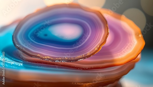 Obraz na płótnie Abstract Agate Slice Background with Soft Light Bokeh and Translucent Gemstone Texture