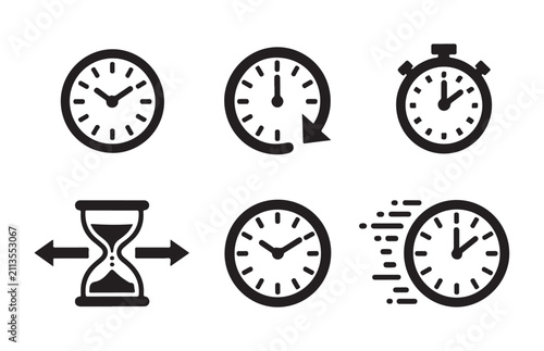 Collection of time related icons including clocks hourglass and stopwatch on grid.