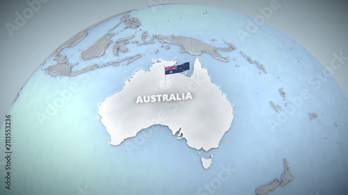 Extruded 3D map of Australia, Oceania on a light blue globe, featuring a waving national flag, a concentric circle highlight, and 3D typography for a broadcast presentation backdrop.
