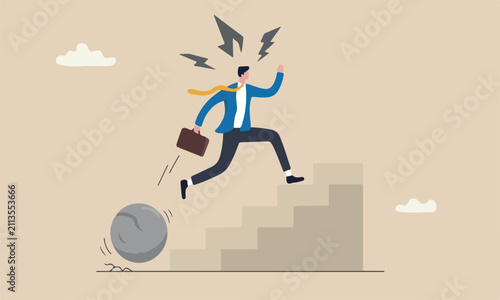 Overcome obstacle, adversity for business growth, difficulty, challenge to win competition, skill or leadership concept, businessman jump over falling boulder to climb up stair of success