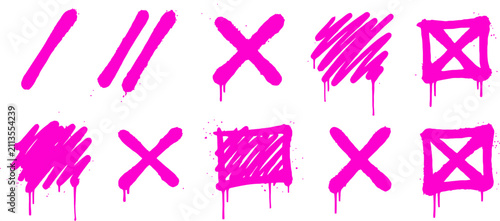 Pink graffiti spray paint elements, neon magenta street art drips and splatters, 10 urban tagger symbols and cross marks vector set
