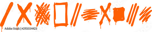 Fotografie Orange spray paint graffiti elements, set of 10 street art drip symbols and scri