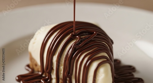 Dessert featuring a scoop of creamy vanilla ice cream is drizzled with rich liquid chocolate sauce on a clean white ceramic plate, creating a delightful visual treat for culinary advertisements.