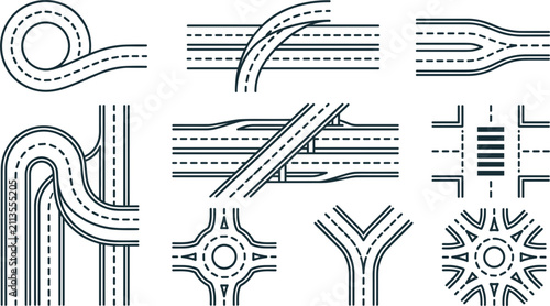 Fotografie Highway and Road Intersection Map Element Set with Roundabouts, Overpasses, Inte