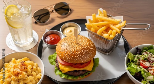 Hamburger with melted cheese and fresh vegetables sits on a dark tray next to a basket of crispy golden french fries, a side salad, and a glass of lemonade for a satisfying lunch meal.