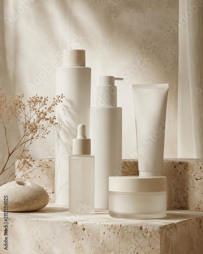 Luxury skincare packaging mock-up, blank cosmetic bottles and jars with no labels, premium commercial product photography, Scandinavian minimalist styling, matte white cylindrical bottles, frosted gla