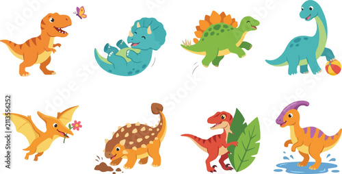 Fotografía Cute cartoon dinosaur character set vector illustration showing playful prehisto