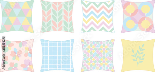 Decorative pastel pillow set vector illustration showing geometric and floral patterns in soft colors for modern home interior design