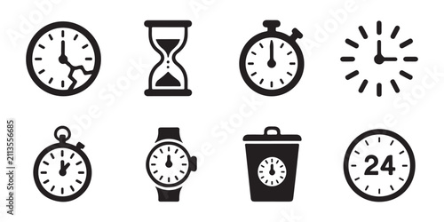 Bild auf Leinwand Set of time icons, broken clock, hourglass, stopwatch, smart watch, trash can with clock, 24 hours