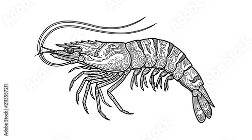 Ornate prawn illustration with complex floral line art details.
