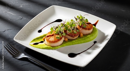 Scallops garnished with microgreens sit on a smooth pea puree with balsamic glaze streaks on a square white plate.