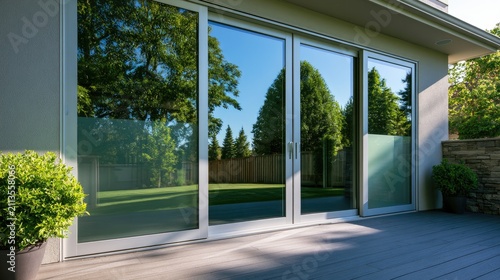 Sleek modern patio doors reflecting lush green trees and sunny sky