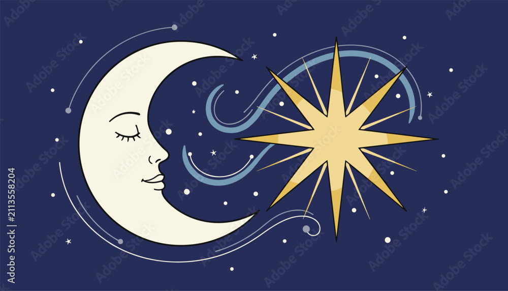 Naklejka premium Celestial moon and star with a sleeping face on dark blue night sky background representing cosmic dreams.