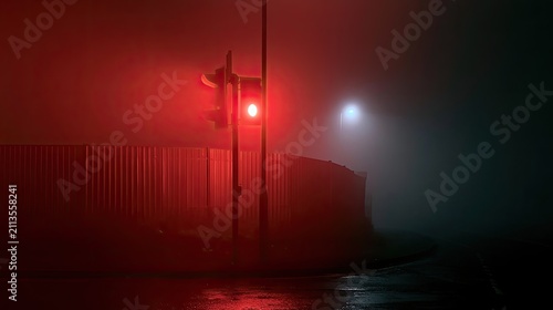 Red traffic signal glows through dense fog, illuminating wet street