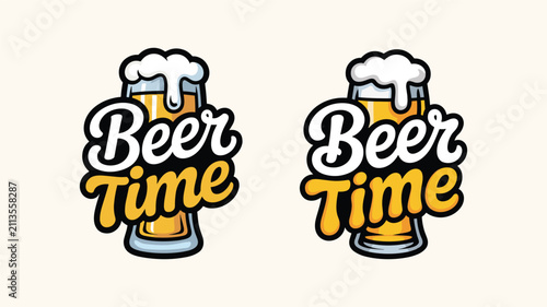 Beer time typography logo with tall glass of lager and overflowing white foam for bar and pub promotion.