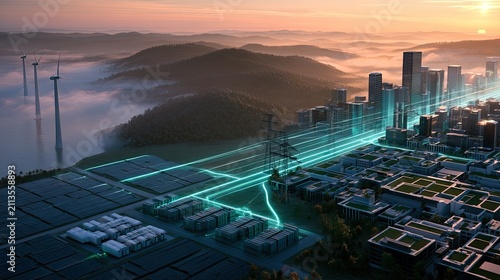 Futuristic smart city powered by clean energy sources and advanced grid infrastructure