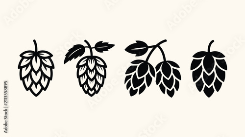 Black and white icons of hop cones for brewing beer and natural ingredients.