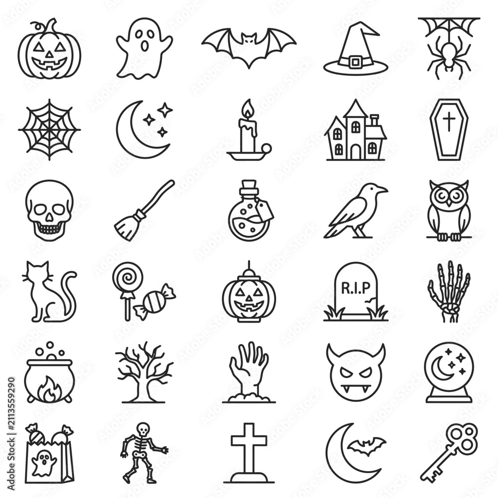 Obraz premium Halloween-themed icons featuring bats, ghosts, jack-o'-lanterns, and witch symbols in black and white line art.