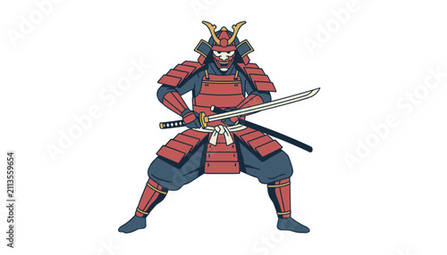 Japanese samurai warrior in traditional red armor standing in a defensive combat pose with a drawn katana sword.