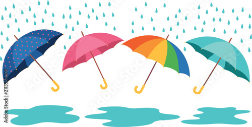 Tableau sur toile Colorful Rainy Season Umbrella Vector Illustration with Bright Rainbow, Polka Do