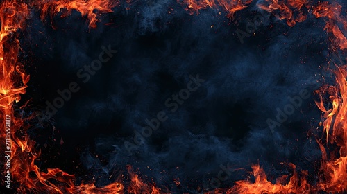 Fiery orange flames and blue smoke frame a dark, empty space