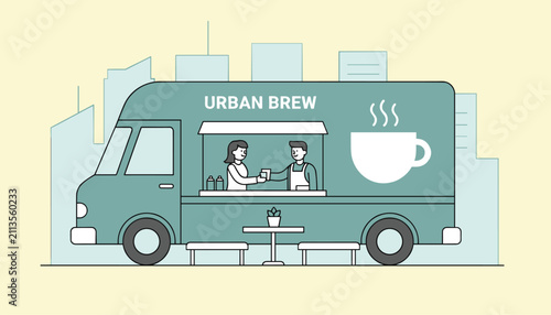Food truck named Urban Brew parked in the city with a barista serving a fresh hot coffee to a female customer.