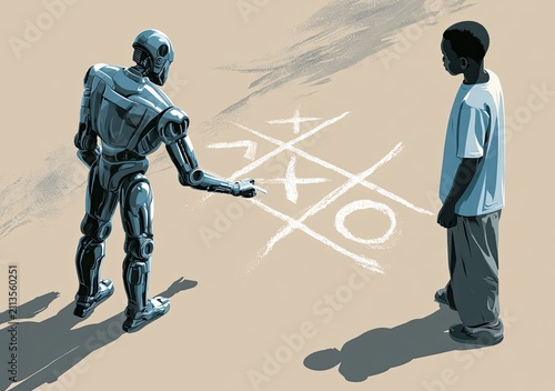 A robot and child play a game of tic-tac-toe on a sandy surface