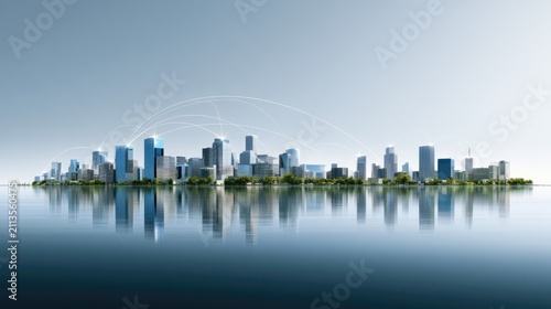 Modern city skyline reflected in calm water with connecting lines