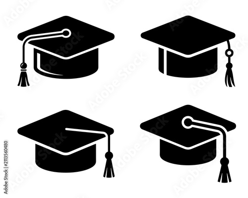 Graduation Cap Icon Set  Academic Mortarboard Hat Silhouette Collection, Education, University, School, College, Graduation Ceremony Vector Icons