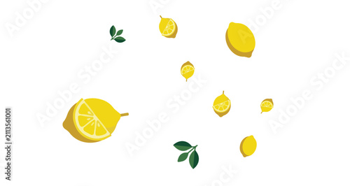 Quadro su tela fresh bright yellow lemons with green leaves scattered on white background citru