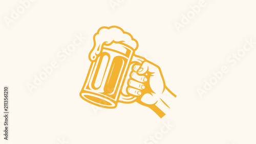 Hand holding full beer mug with foam in yellow minimalist line art style.