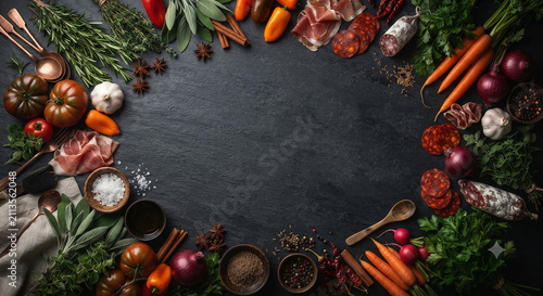 Dark rustic food background surrounded by meat herbs vegetables and spices creating premium copy space for restaurant menus recipes and culinary branding